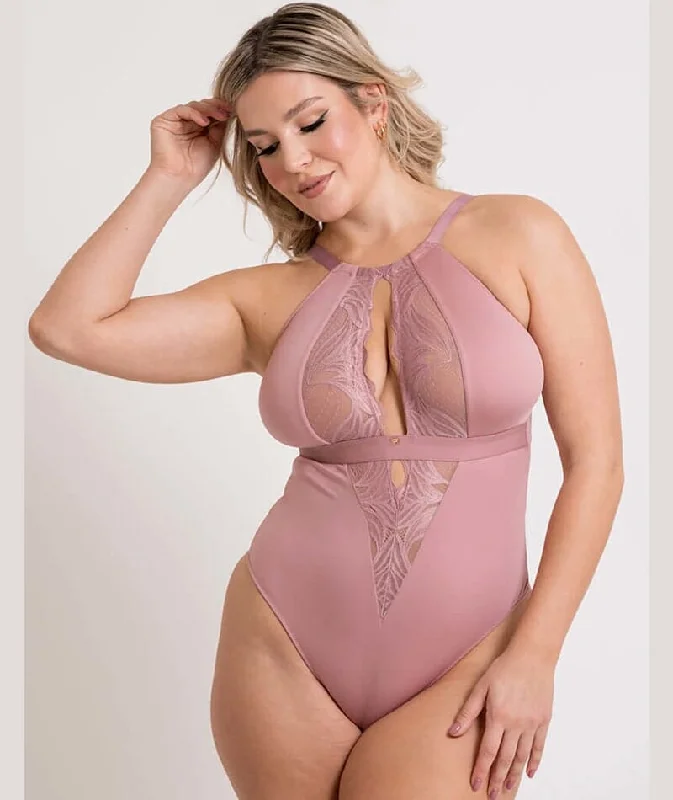 Scantilly Indulgence Stretch Lace Bodysuit - Dusty Rose Stylish Mock Neck Bodysuit