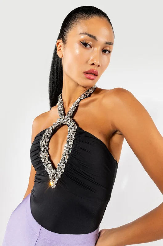 SENSATION RHINESTONE CUTOUT HALTER BODYSUIT Fashionable Bodysuit for Date Night