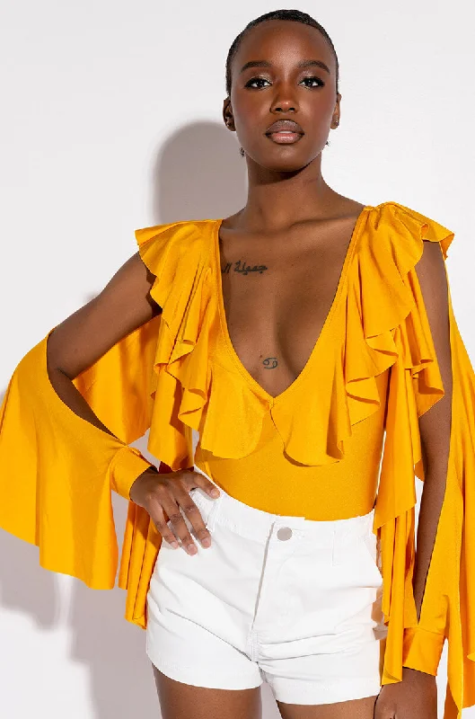 SOAK UP THE SUN CASCADING SLEEVES VNECK BODYSUIT Stylish Draped Bodysuit