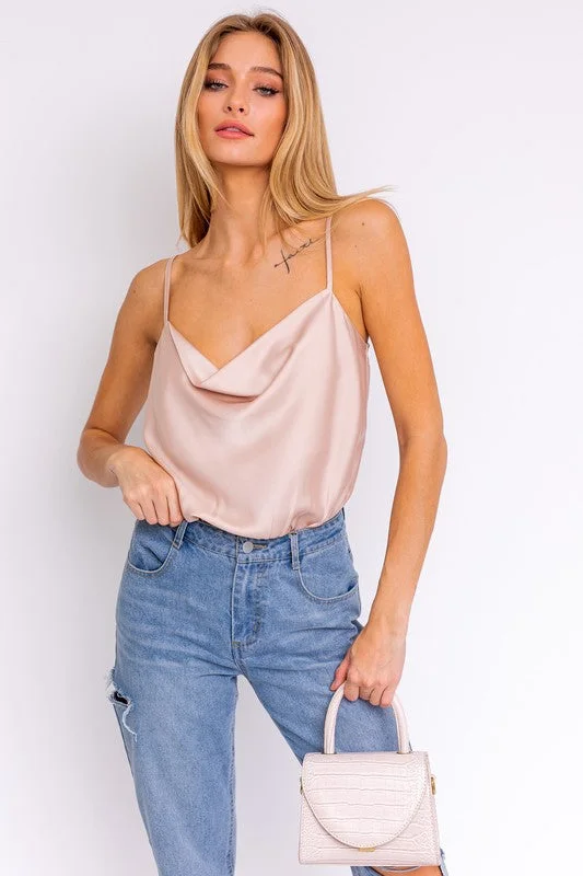 LE LIS Spaghetti Strap Cowl Neck Bodysuit Trendy High-Neck Bodysuit