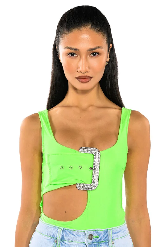 SPOTLIGHT BUCKLE DETAIL NEON CUTOUT CHEEKY BODYSUIT Fashionable Bodysuit with Long Sleeves
