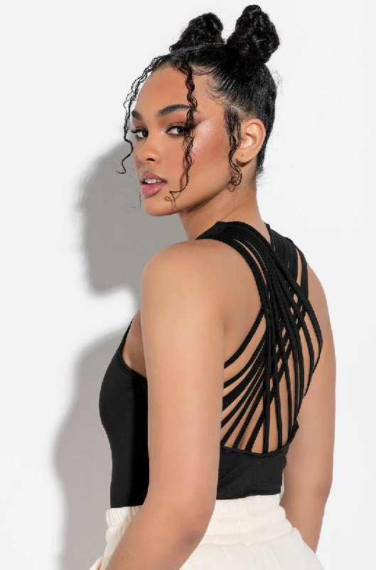 STRAPPED AND LOADED STRAPPY BACK SLEEVELESS BODYSUIT Stylish Bodysuit with Lace Detail