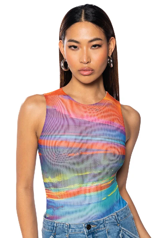 SUNSET VIEW SLEEVELESS MESH BODYSUIT Comfortable Mesh Insert Bodysuit