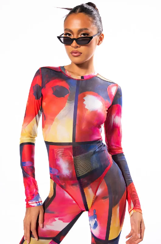 THINKING OF A PLACE LONG SLEEVE MESH BODYSUIT Fashionable Bodysuit with Snaps