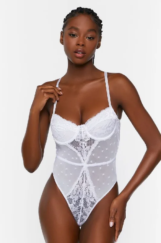 Forever 21 Women's Eyelash Lace Lingerie Bodysuit White Fashionable Plunge Bodysuit