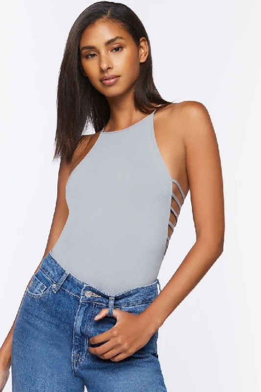 Forever 21 Women's Seamless Ribbed Lingerie Sleeveless Bodysuit Shadow Grey Trendy Scoop Neck Bodysuit
