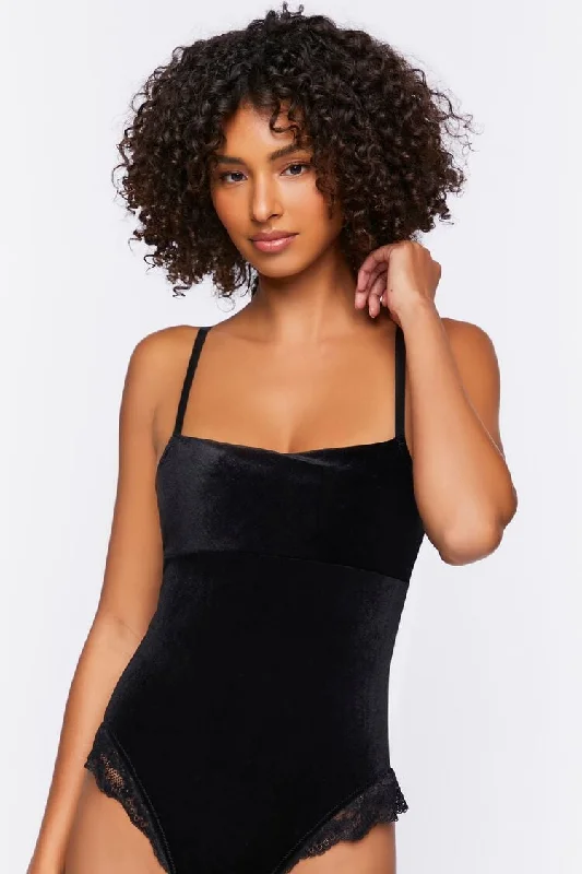 Forever 21 Women's Velvet Lingerie Bodysuit Black Stylish Bodysuit with Lace Detail