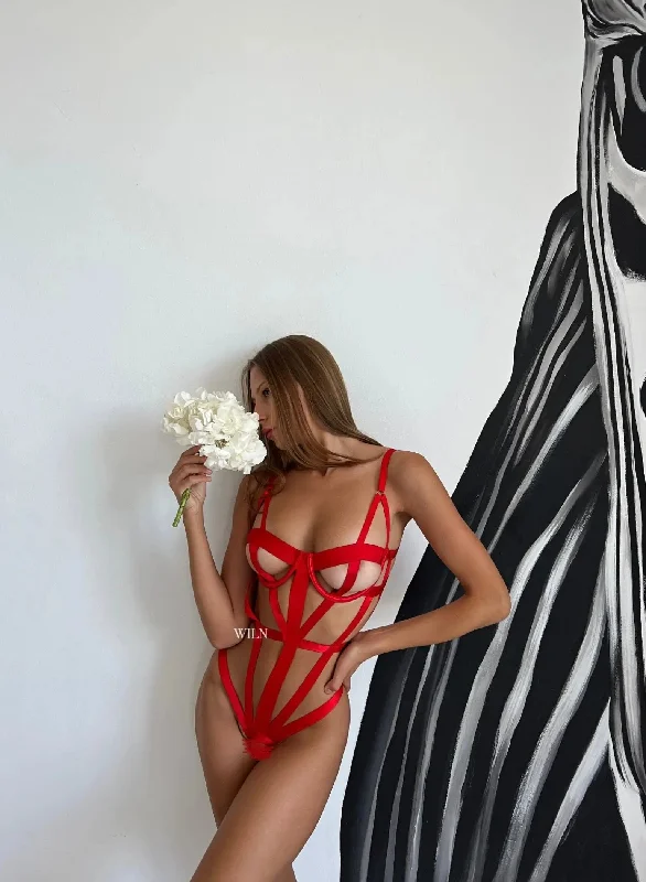 WILN Lingerie - Gasp Red Bodysuit Stylish One-Shoulder Bodysuit
