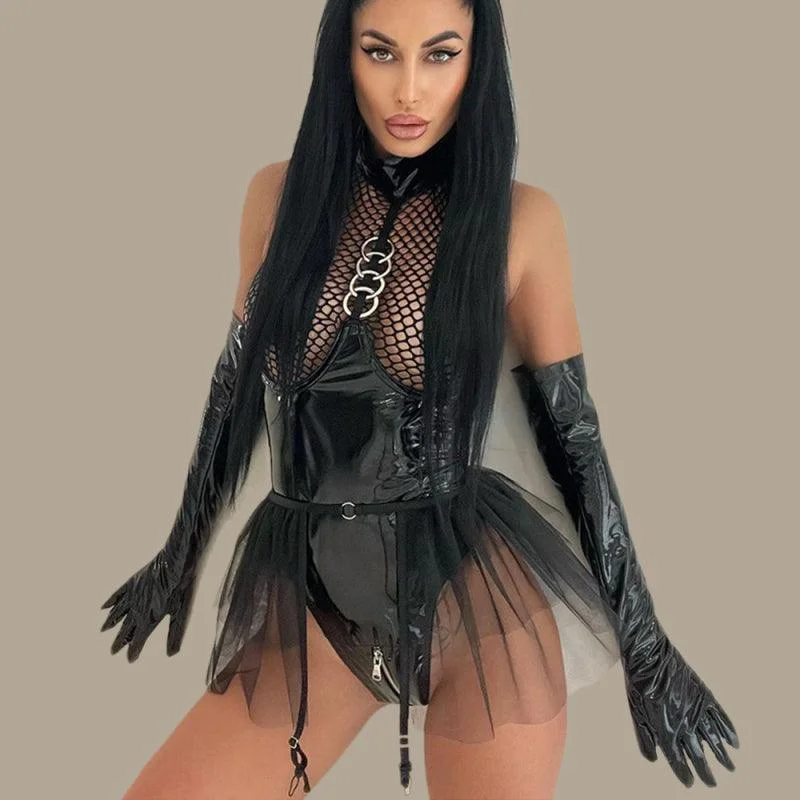 Halter Neck Leather Lingerie-grid Bodysuit Elegant Halter Neck Bodysuit