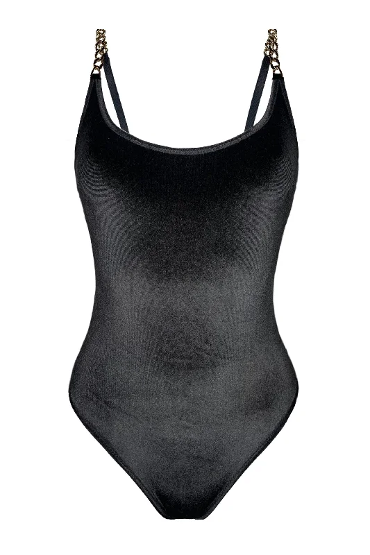 Velvetta black bodysuit with chains Fashionable Cropped Bodysuit