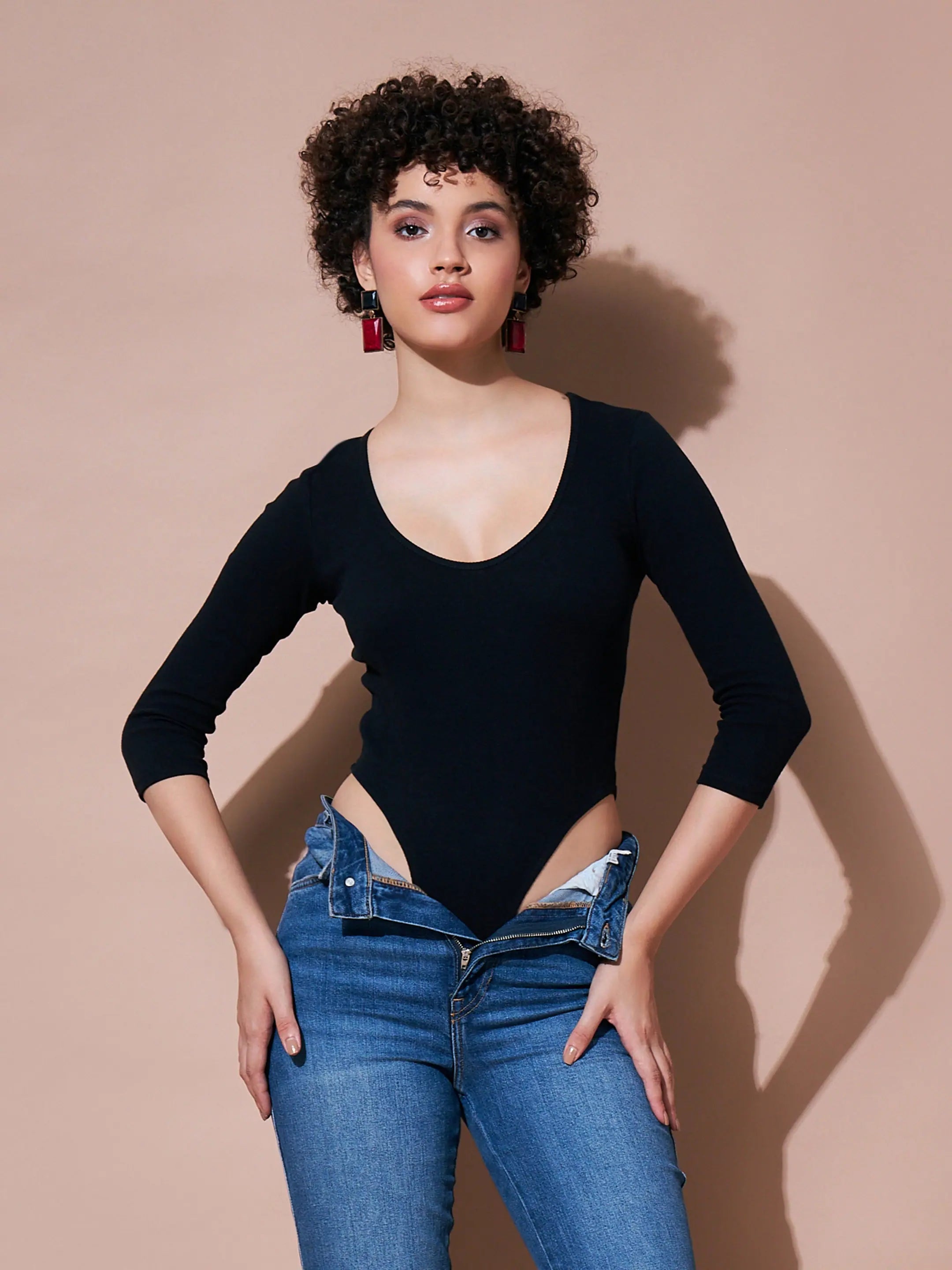 Women Black Ribbed Bodysuit Elegant Bodysuit with Belted Waist