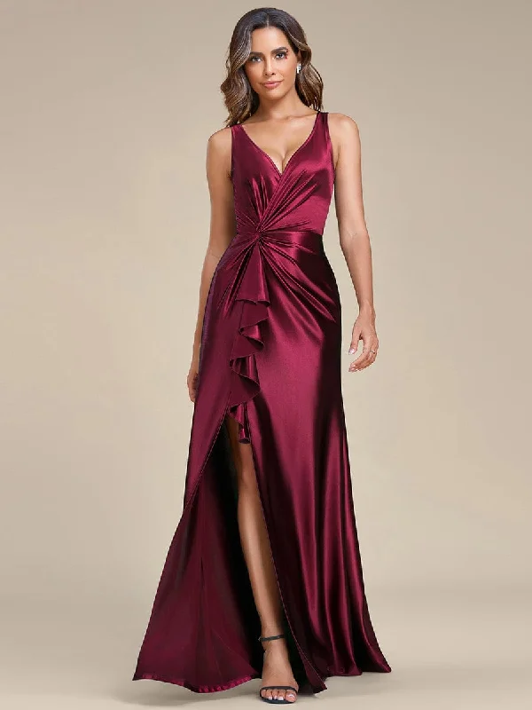 Deep V-Neck Stylish Waist Pleated High Slit Satin Evening Dress Tunics Vintage classic