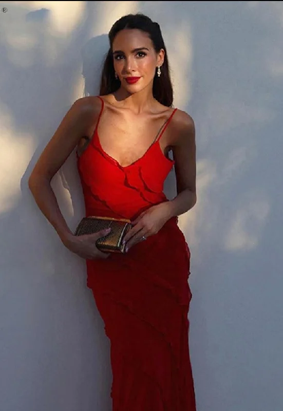 Elegant Ruffles Backless V Neck Maxi Dress For Women Sexy Camisole Split Slim Long Dresses  Summer Lady Club Party Dress Tunics Satin smooth