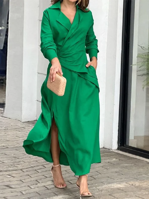 Lizakosht Green Women Dress Elegant Spring Summer Long Sleeve V Neck Party Dresses with Slit Pleated Beach A-LINE Maxi Dress for Women Tunics Silk luxurious