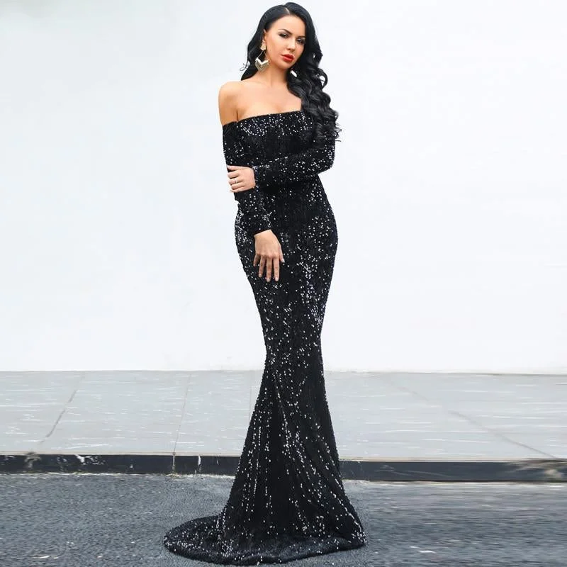 Sexy Off the Shoulder Long Sleeve Sequin Party Dress Tunics Lace romantic