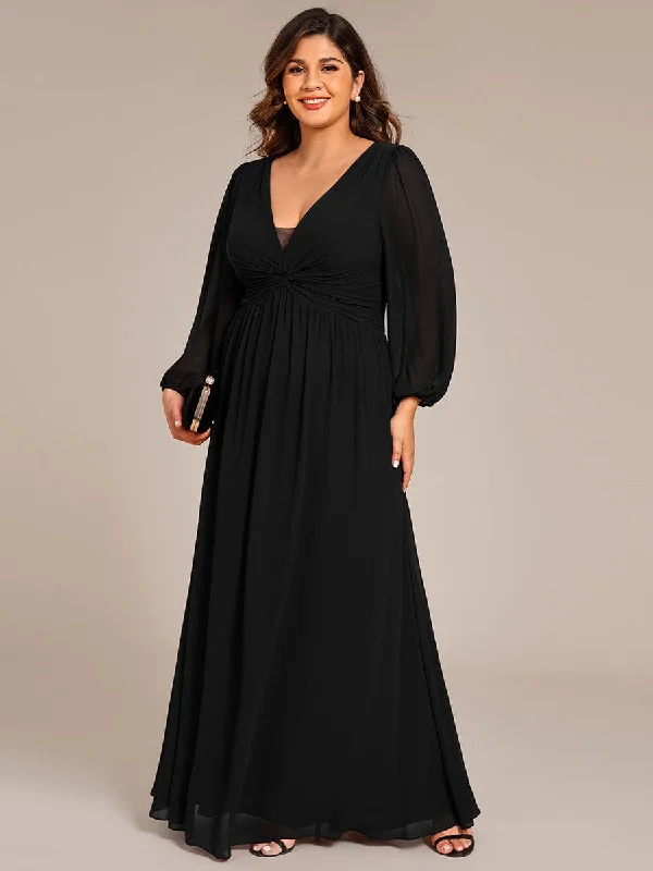 Ruth | Plus Size A-Line Pleated Long Lantern Sleeves Chiffon Formal Evening Dress Tunics Practical durable