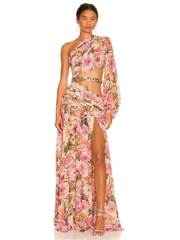 Summer Floral Print One Shoulder Maxi Dress Sexy Diagonal Neck Long Sleeve Hollow Out Chain Split Long Dress Evening Party Dress Tunics Short Trendy