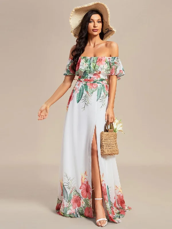 Summer Printed Chiffon Off the Shoulder A-Line Evening Dress Tunics Prom sequined