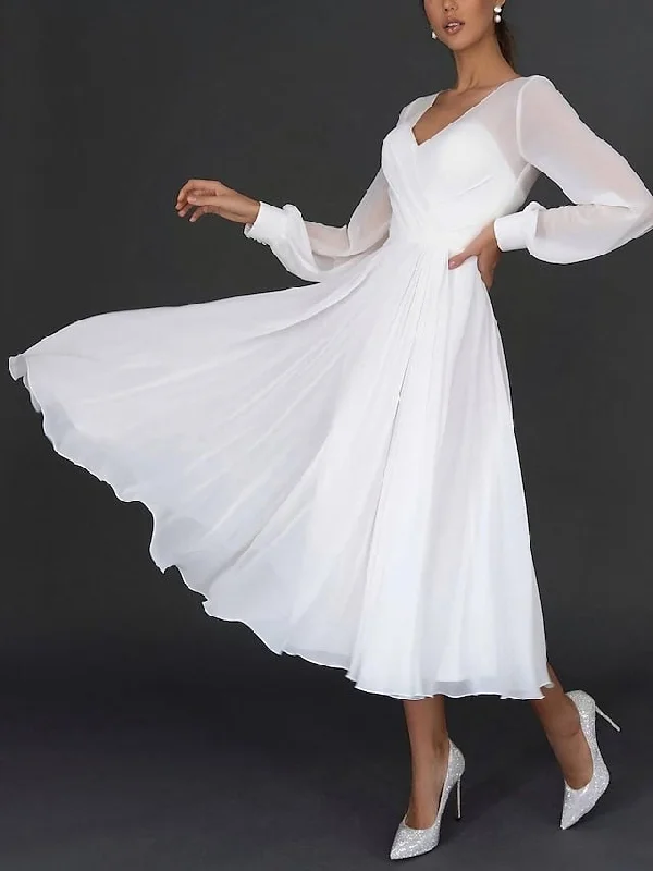 Women‘s Party Dress Wedding Guest Dress Swing Dress White Dress Long Dress Maxi Dress White Long Sleeve Pure Color Mesh Fall Spring Autumn V Neck Elegant Wedding Party Winter Dress S M L XL XXL Tunics Office stylish