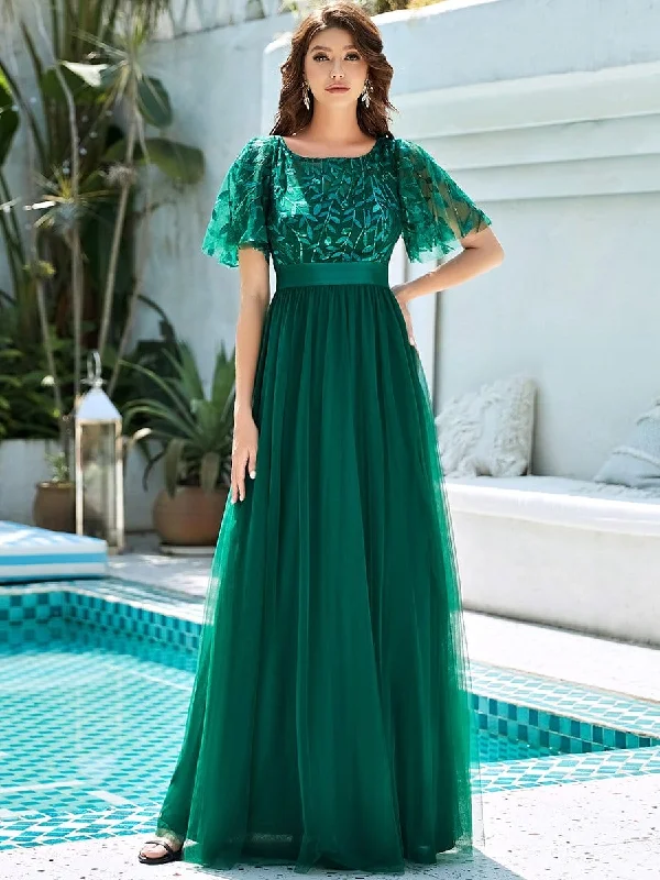Women's Burgundy A-Line Sequin Mesh Leaf Maxi Prom Dress Sparkle Evening Dresses O-Neck Short Sleeve Long Dress Square Neckline Feminine