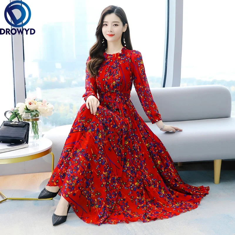 2022 Boho Vintage Red Print Chiffon Beach Maxi Dress Summer 4XL Plus Size Long Sleeve Women Dress Elegant Party Dresses Vestidos Tunics Office stylish 2022 Boho Vintage Red Print Chiffon Beach Maxi Dress Summer 4XL Plus Size Long Sleeve Women Dress Elegant Party Dresses Vestidos Tunics Office stylish