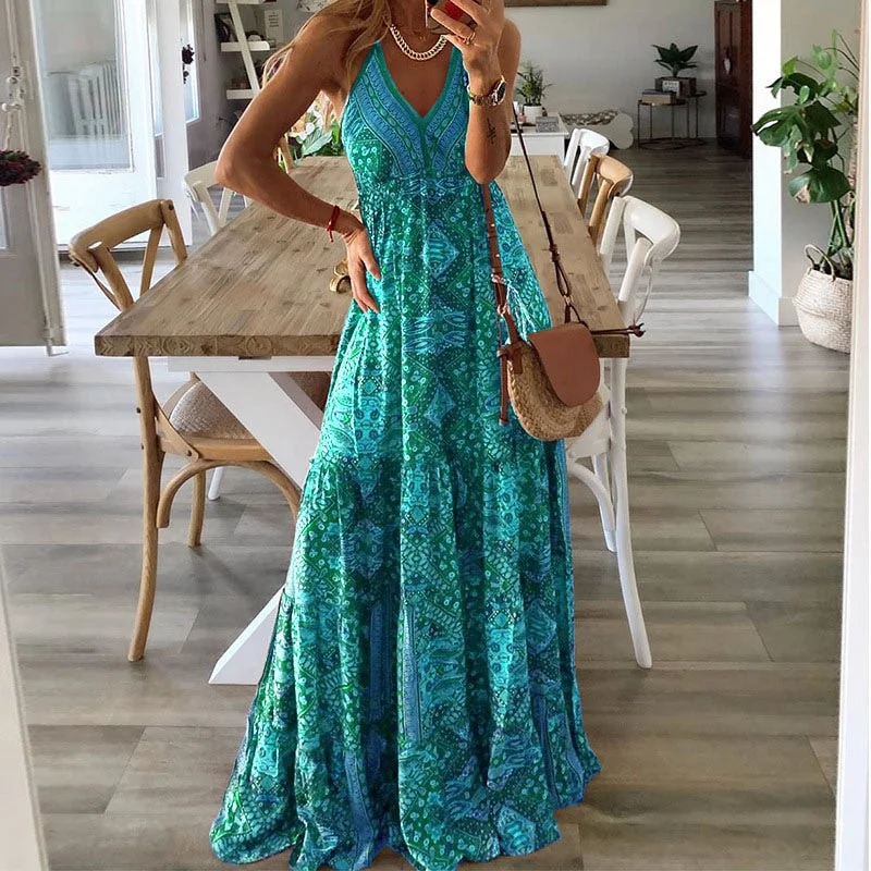 Sexy Women V Neck Party Dresses Vintage Printed Boho Long Dresses Elegant Flying Sleeve Fashion Sexy Slim Maxi Dress Mujer Tunics Satin smooth
