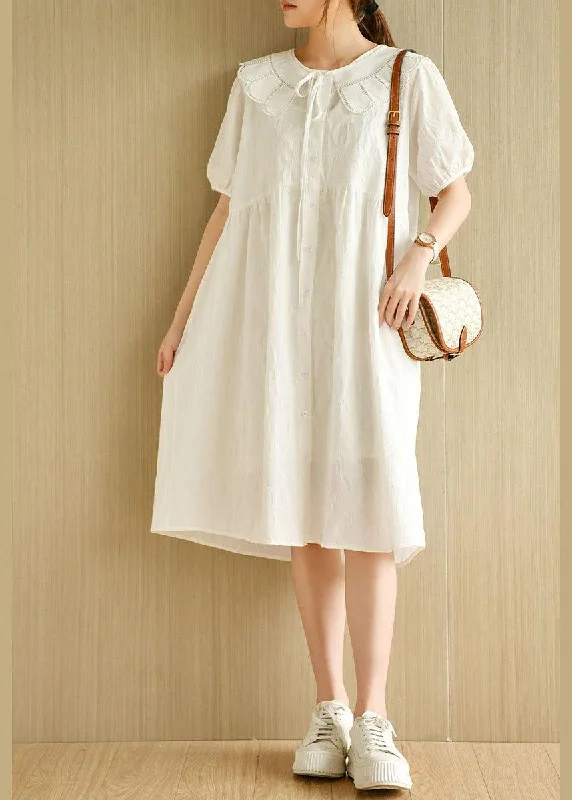 Beautiful White O-Neck Jacquard Summer Cotton Party Dresses Short Sleeve Cowl Neckline Elegant Beautiful White O-Neck Jacquard Summer Cotton Party Dresses Short Sleeve Cowl Neckline Elegant