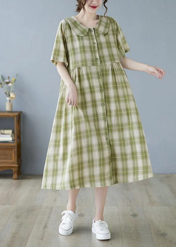 Boho Green Plaid Peter Pan Collar Button Summer Party Dress Half Sleeve Boatneck Modish Everyday Boho Green Plaid Peter Pan Collar Button Summer Party Dress Half Sleeve Boatneck Modish Everyday