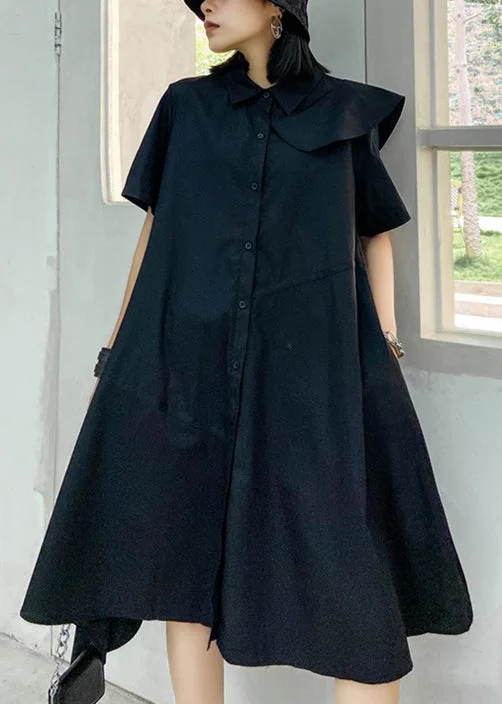 Fashion Black Button Peter Pan Collar Asymmetrical Design Party Dress Short Sleeve Off-the-shoulder Bohemian Festive Fashion Black Button Peter Pan Collar Asymmetrical Design Party Dress Short Sleeve Off-the-shoulder Bohemian Festive