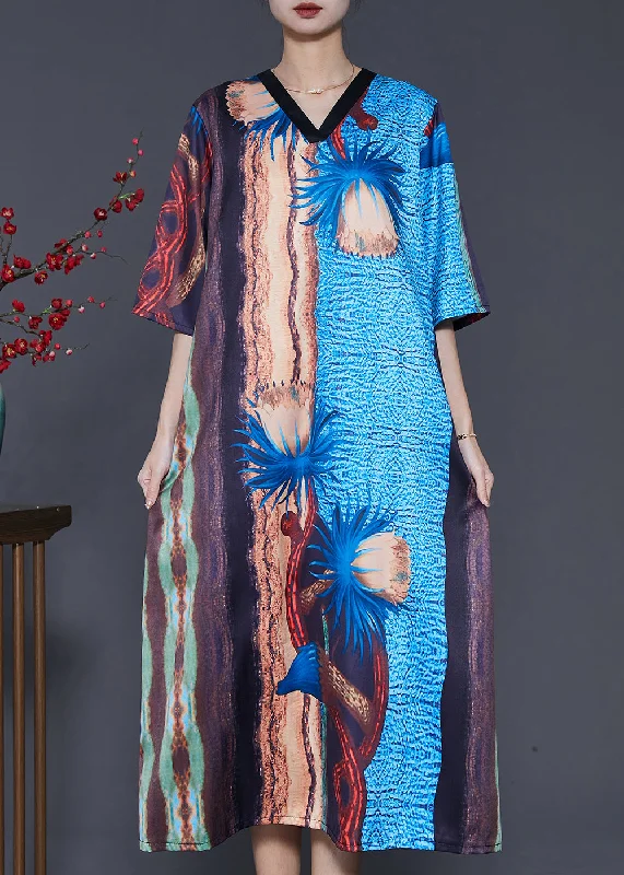 French Colorblock V Neck Print Silk Party Dress Summer Tunics New arrival