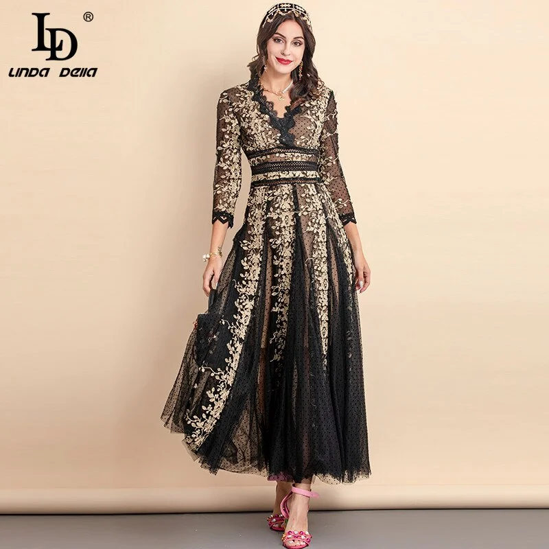 LD LINDA DELLA Autumn Winter Designer Long Party Dresses gown Women Gorgeous Mesh flower Embroidery Vinatage Maxi Dress Tunics Polka dots LD LINDA DELLA Autumn Winter Designer Long Party Dresses gown Women Gorgeous Mesh flower Embroidery Vinatage Maxi Dress Tunics Polka dots