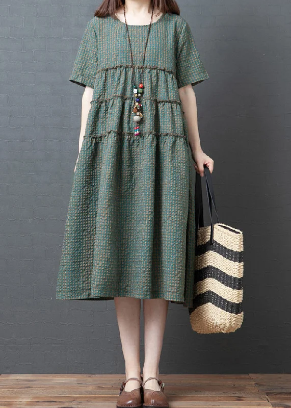 Plus Size Green Plaid O-Neck Wrinkled Patchwork Linen Party Dress Short Sleeve Tunics Cozy soft