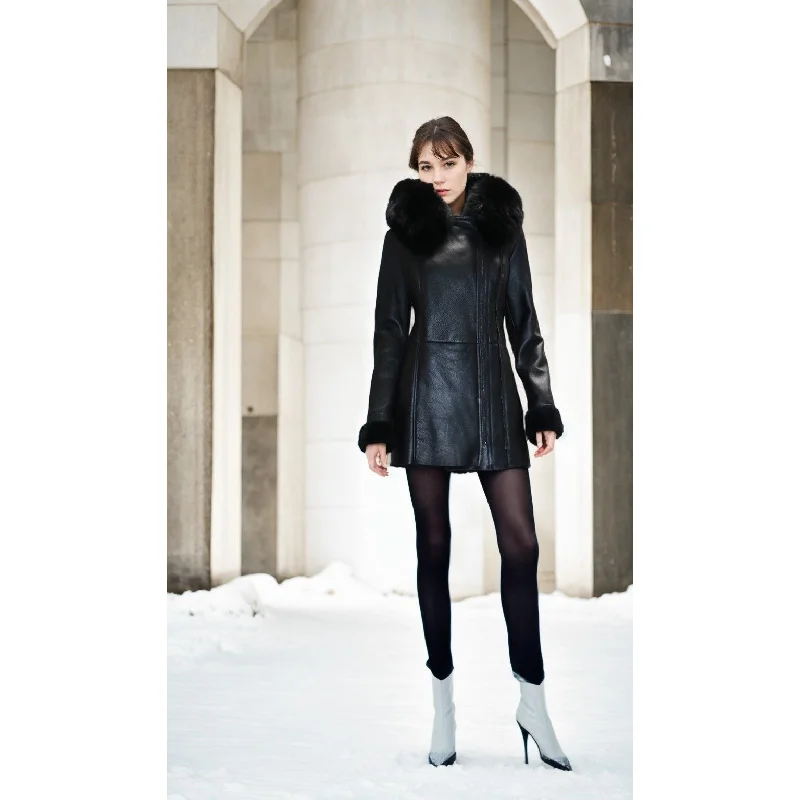 Anne Inferno Women's Sheepskin Shearling Coat with Fox Fur Plaid Checkered Coat