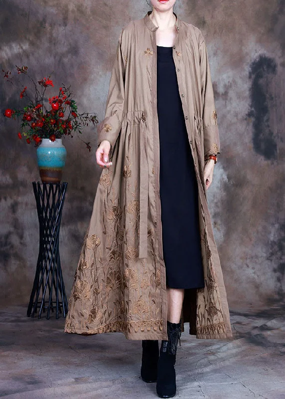 Art Khaki Embroidered drawstring Spring trench coats Vintage Suede Jacket