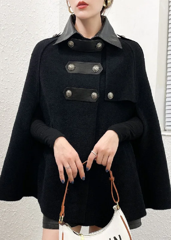 Black Patchwork Woolen Coats Peter Pan Collar Pockets Cloak Sleeves Elegant Wool Jacket Black Patchwork Woolen Coats Peter Pan Collar Pockets Cloak Sleeves Elegant Wool Jacket