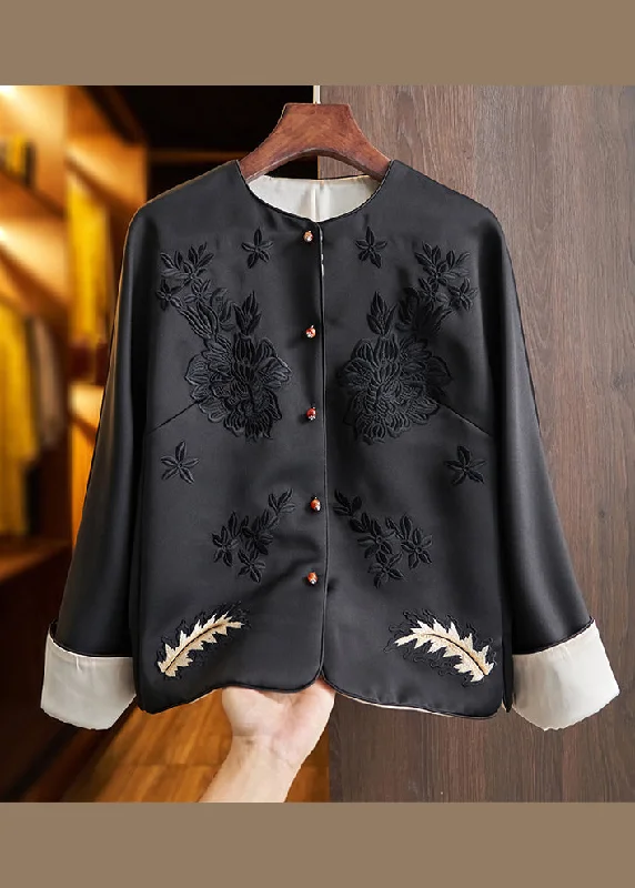 Boutique Black O-Neck Embroideried Patchwork Silk Coats Fall Button-Up Cardigan Coat