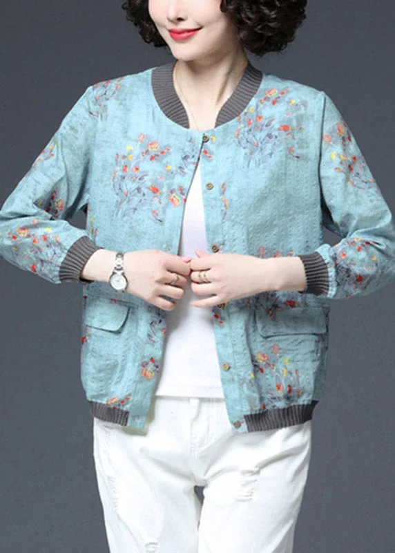 Casual Blue O-Neck Print Pockets Coats Long Sleeve Waterproof Rain Jacket