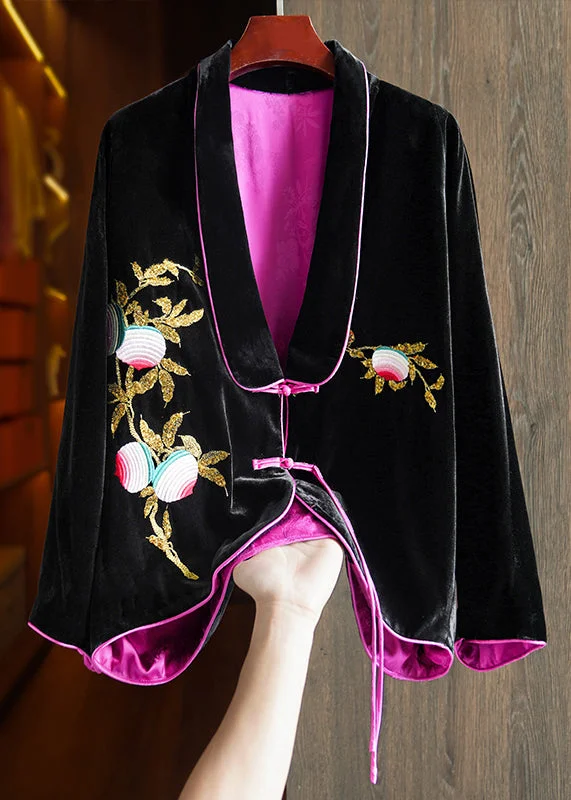 Chic Black Chinese Button Embroideried Silk Velour Coats Long Sleeve Casual Open-Front Coat