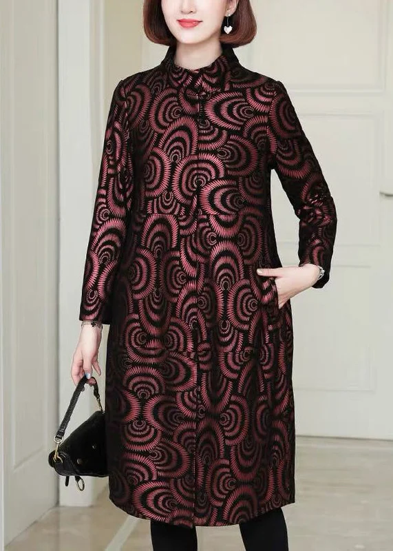 Chic Red Pockets Print Patchwork Sheepskin Coats Fall Longline Wool Coat