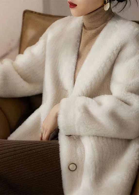 Chic White V Neck Pockets Patchwork Wool Coats Winter Flowy Lightweight Kimono