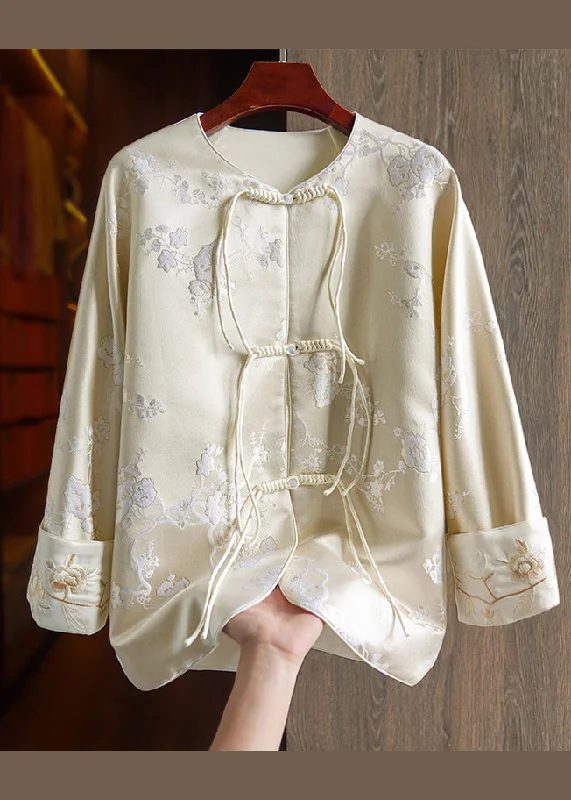 Chinese Style Apricot Tasseled Button Embroideried Silk Coats Fall Ultra-Light Down Coat