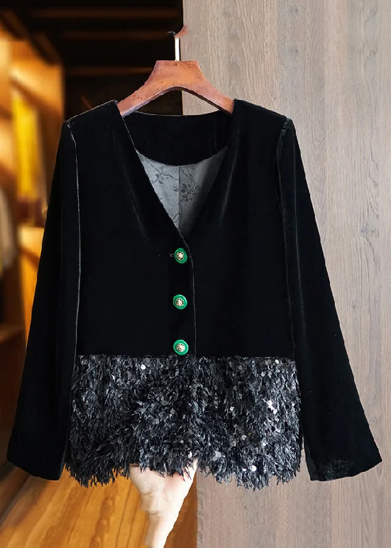 Chinese Style Black Button Sequins Patchwork Silk Velour Coats Fall Classic Riding Jacket