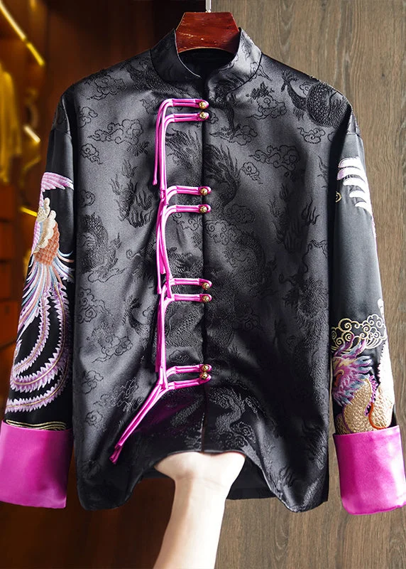 Chinese Style Black Stand Collar Tasseled Embroideried Silk Coat Fall Drape Front Waterfall Coat