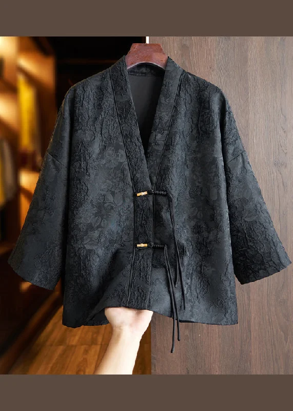 Chinese Style Black Tasseled Jacquard Patchwork Cotton Coats Fall Hooded Parka Coat