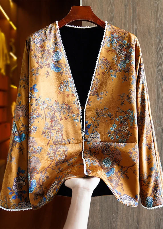 Chinese Style Yellow V Neck Print Nail Bead Wear On Both Sides Silk Coat Fall Puff Sleeve Blazer