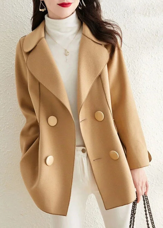Classy Khaki Peter Pan Collar Double Breast Woolen Coat Outwear Fall Suede Fringe Jacket