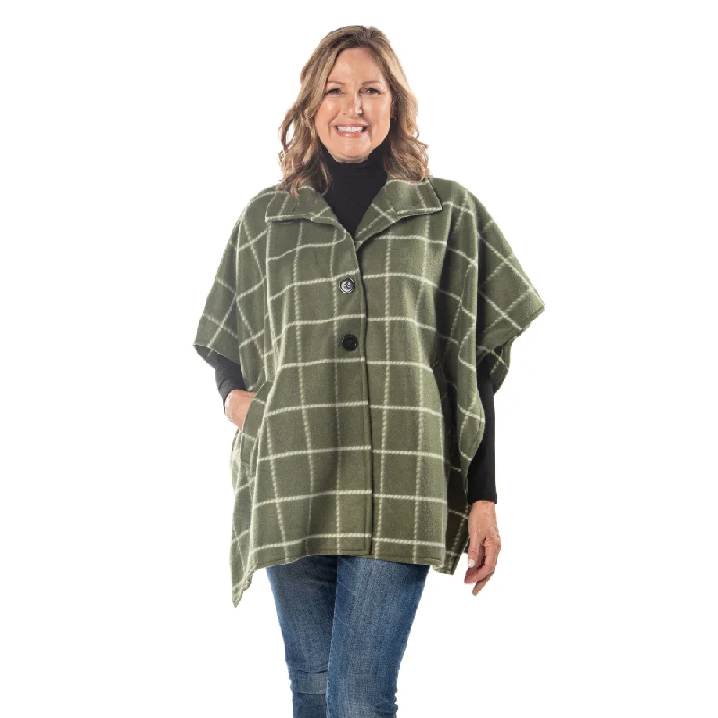 Bridget High Neck 4 Button Green Fleece Cozy Coat Cape Draped Collar Cardigan