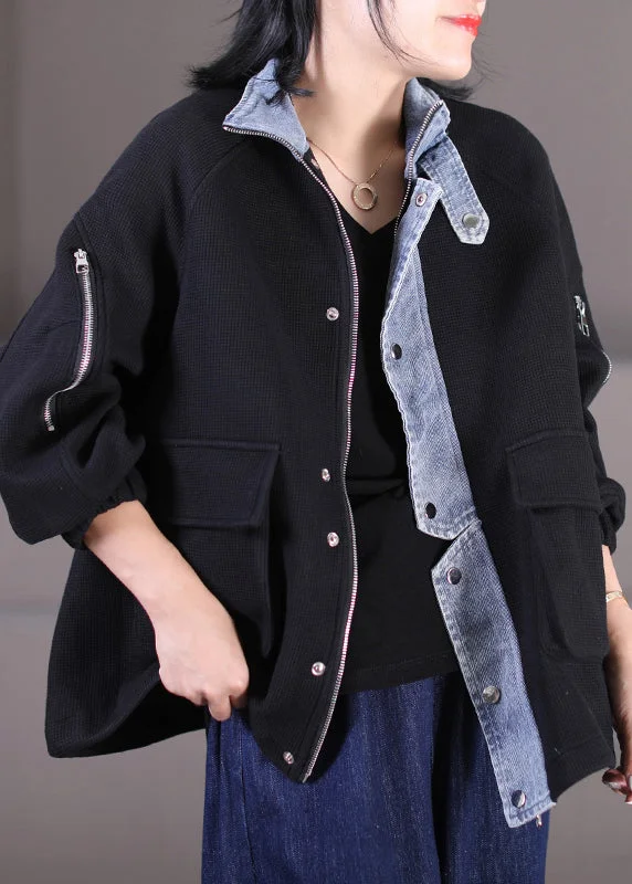 Fashion Black Stand Collar Zippered Button Pockets Denim Patchwork Coats Long Sleeve Hooded Puffer Anorak