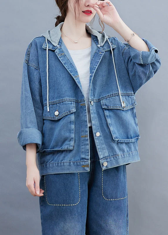 Fashion Blue drawstring Hooded Pockets Patchwork Benim Coats Long Sleeve Casual Denim Jacket Fashion Blue drawstring Hooded Pockets Patchwork Benim Coats Long Sleeve Casual Denim Jacket