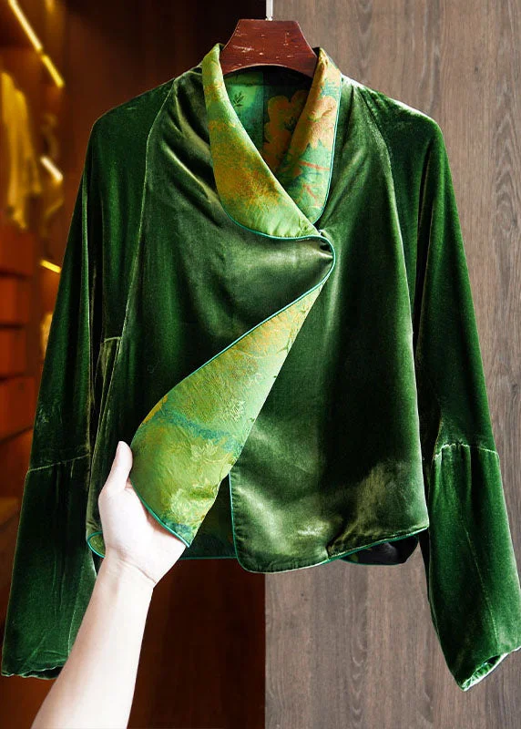 Fitted Green Silk Velour Coats Notched Long Sleeve Modern Asymmetric Coat